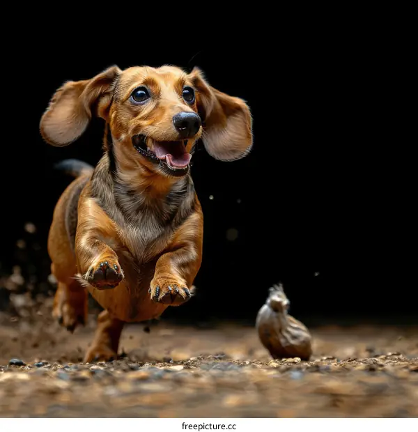 A happy brown dachshund dog running in the woods with a toy in its mouth