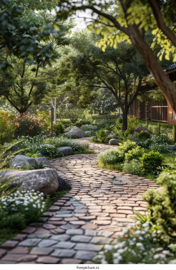 Stone Path in Lush Garden Oasis