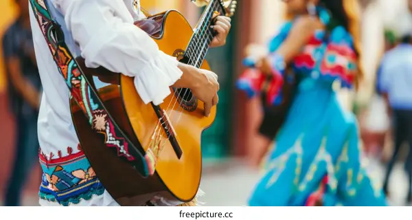 Latin street musicians playing guitar and dancing