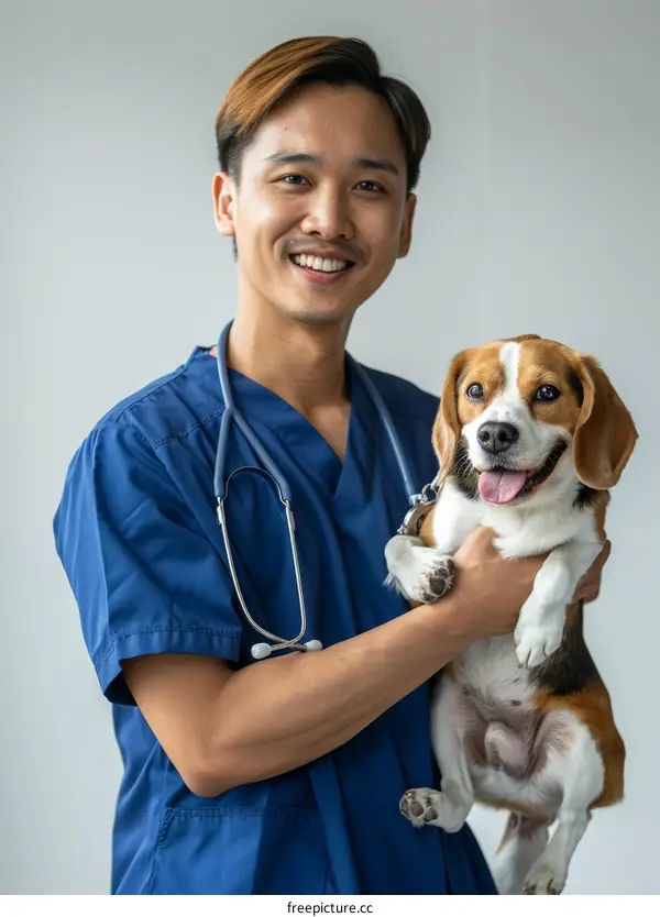 Portrait of a happy Asian veterinarian holding a beagle