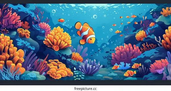 Underwater world with various kinds of fish and coral reefs