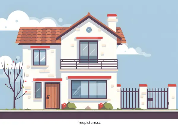 Beautiful White House With Red Roof and Balcony