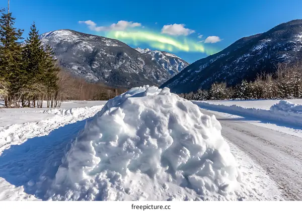 Snowy Mountain Road with Green Aurora Borealis