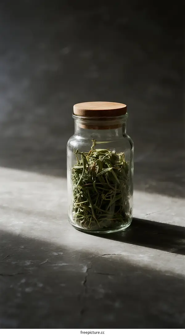 A glass jar filled with dried rosemary on a dark surface
