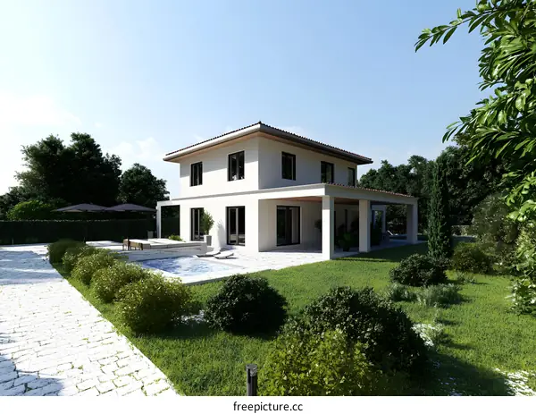 Modern White Villa With Swimming Pool And Lawn