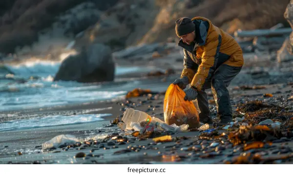 caucasian man picking up trash from beach to prevent ocean pollution