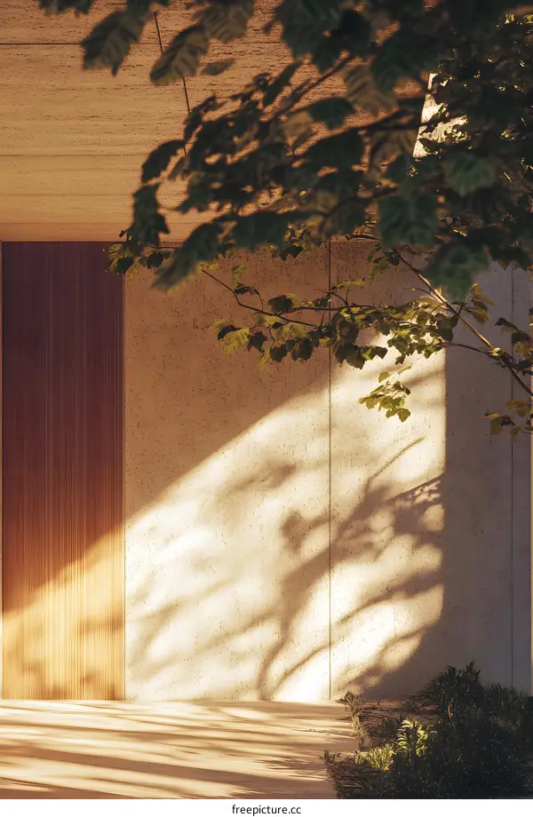 Minimalist Concrete Wall With Wooden Door And Tree Shadows