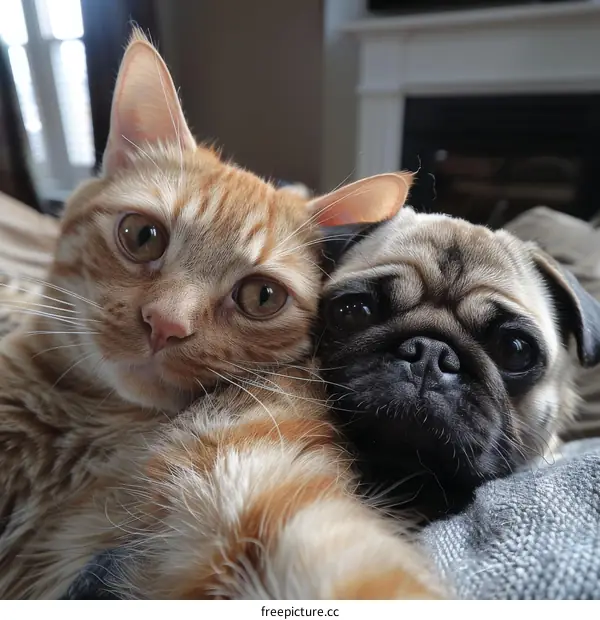 An orange cat and a pug are lying on a couch and looking at the camera.