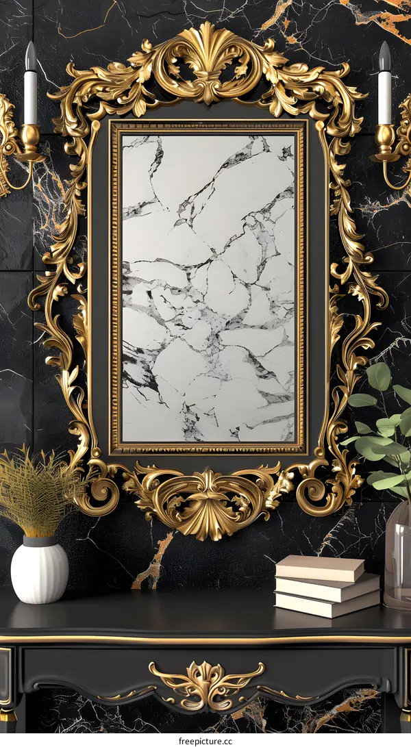 Gold Ornate Frame on Black and Marble Wall