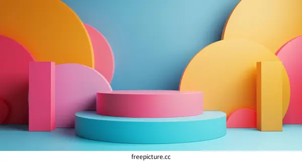 3D rendering of a pink and blue podium with abstract pastel background