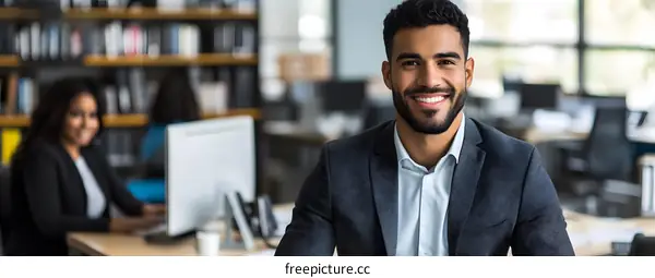 Confident Businessman Smiling in Modern Office