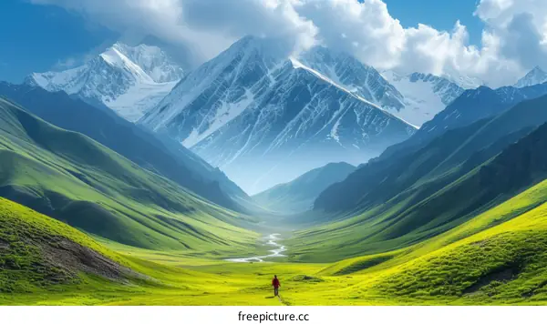 The hiker is walking through a valley with snow-capped mountains in the distance