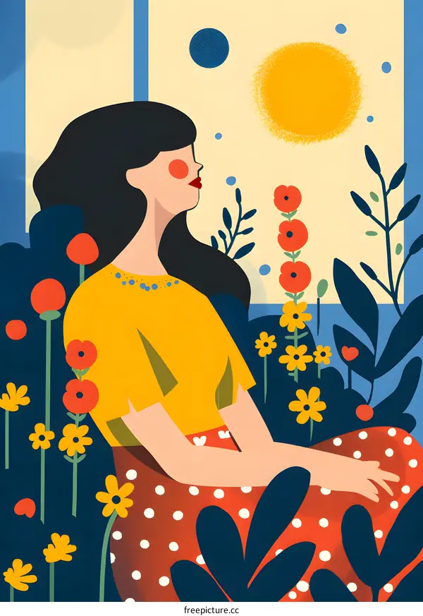 Woman Sitting in a Garden with Flowers and Sun