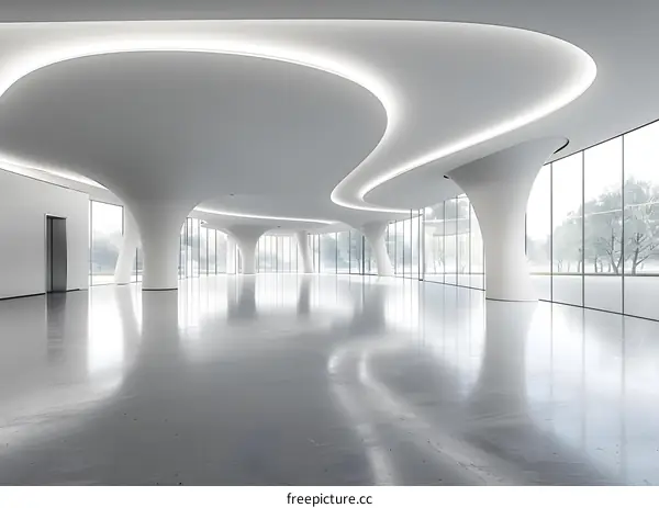 Modern White Architecture Interior Design with Curved Ceiling and Large Windows