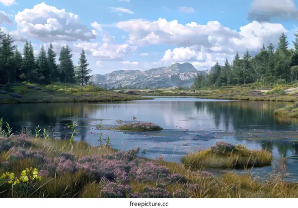 Tranquil Valley Lake with Blooming Heather