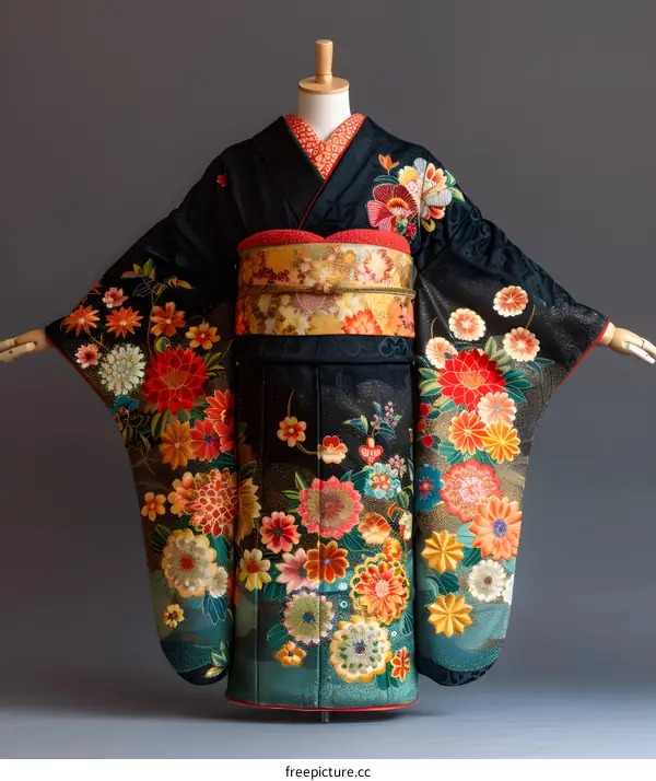 A woman wearing a black kimono with floral patterns
