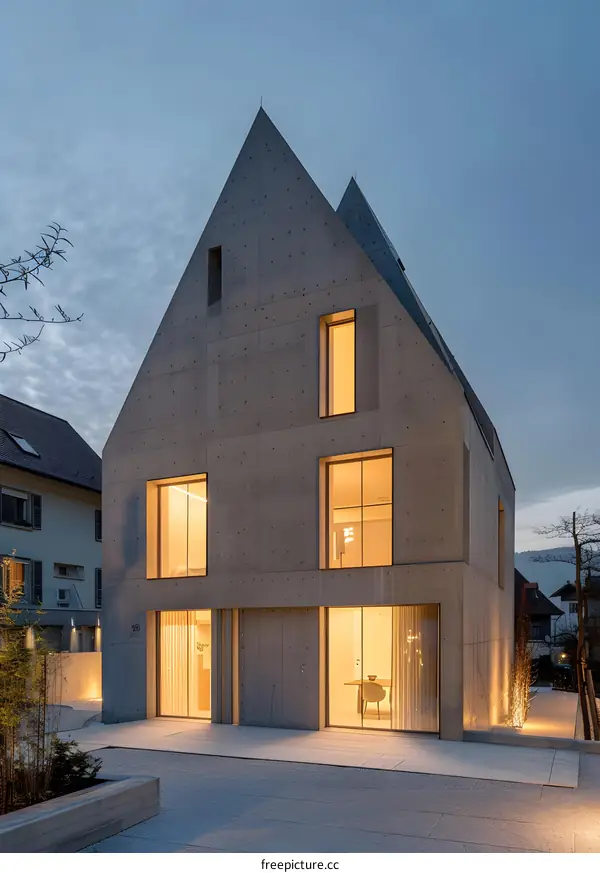 Modern Concrete House with Large Windows and Triangular Roof