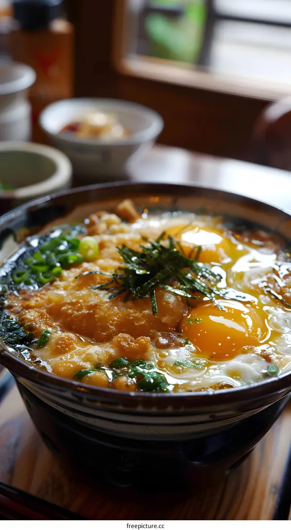 A bowl of Japanese udon noodles with egg and seaweed