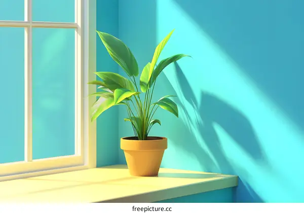 Green Plant in a Pot on a Windowsill with a Blue Wall