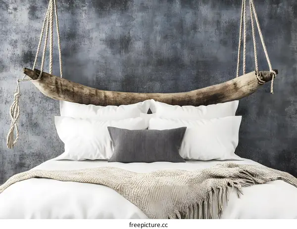 Rustic Bed Headboard Decor with Wooden Branch and Rope