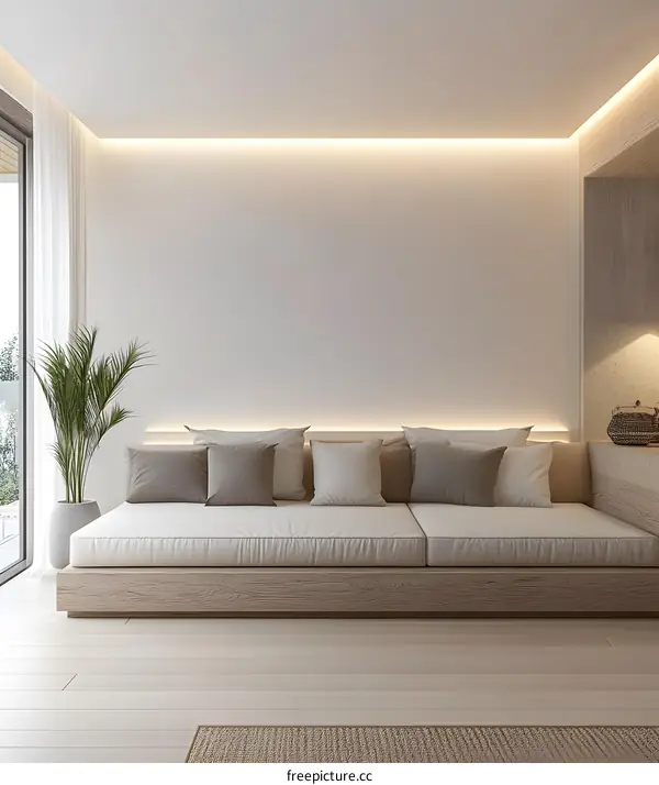Minimalist Living Room Interior Design with Light Wood Sofa and White Walls