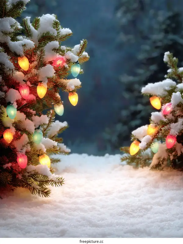 Winter Christmas Lights on Snow-Covered Branches