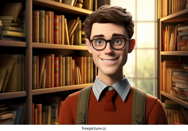 Happy young male student with glasses in library
