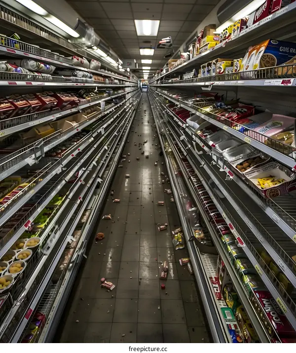 Empty Grocery Store Aisle with Items Scattered on the Floor