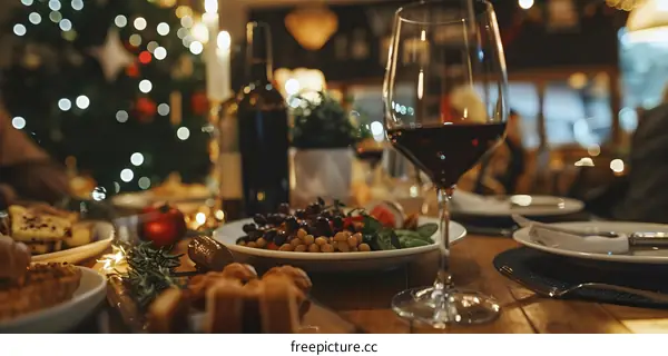 Christmas Dinner with Red Wine and Food