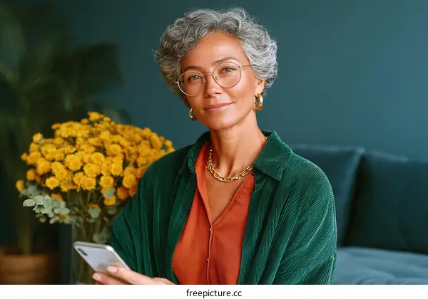 Stylish Senior Woman Holding Smartphone