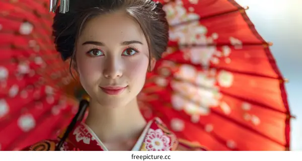 Portrait of a Japanese Woman in Traditional Kimono and Red Umbrella