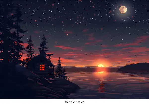 Cabin in the Woods with a Sunset and Moon in the Sky