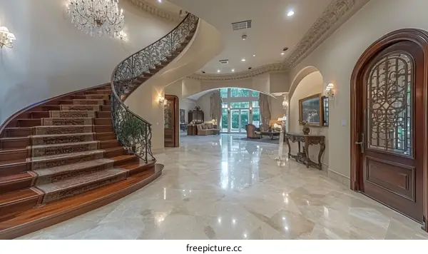 Staircase and entryway of a mansion