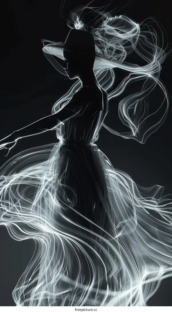 Black and white photo of a woman in a dress made of light