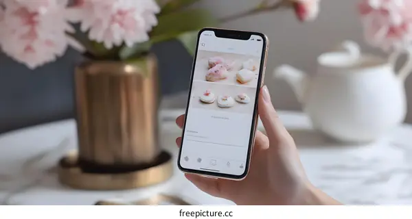 Close Up Of Female Hand Holding Phone With Food Photos On Screen