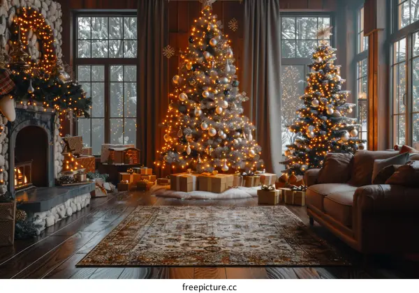 Cozy living room with Christmas tree and fireplace during holiday season