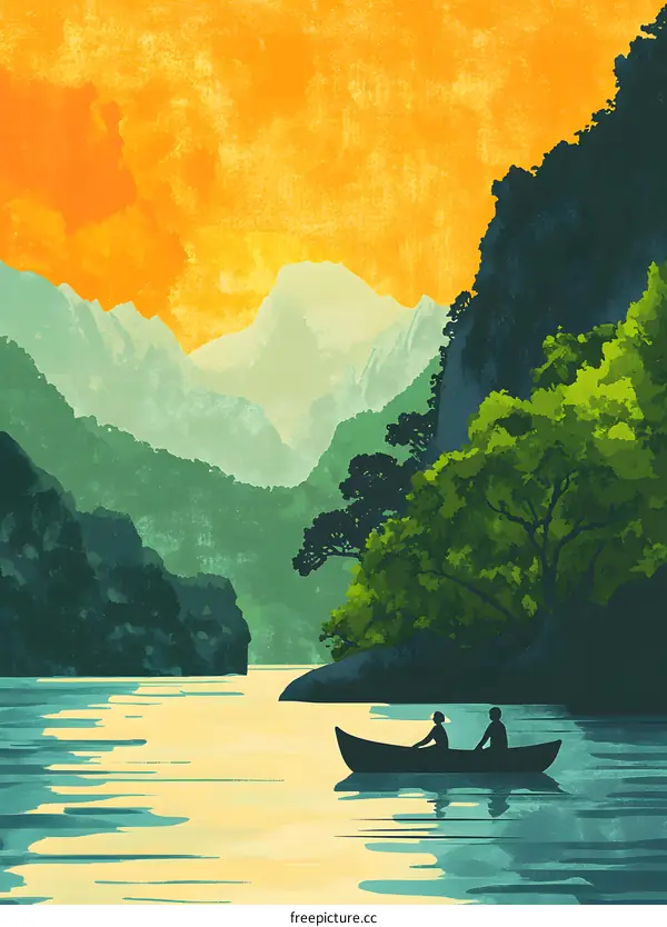 Two People in a Canoe on a Lake Surrounded by Mountains