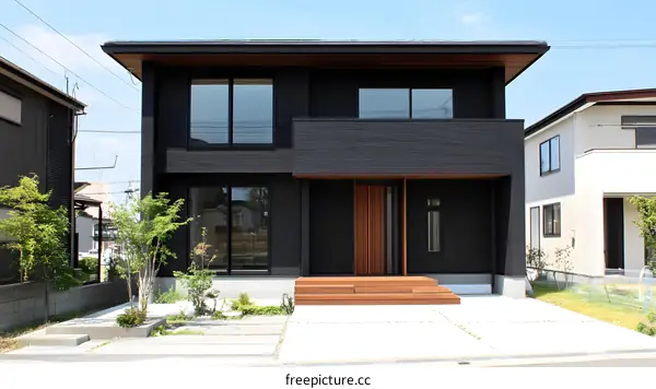 Modern Black House Exterior with Wooden Door and Steps