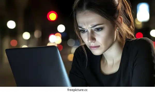 Woman Focused on Laptop at Night