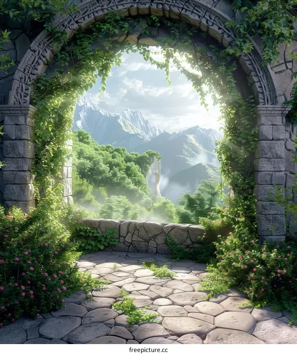 Stone archway leading to a beautiful mountain landscape