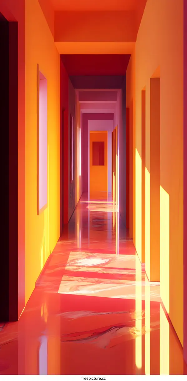 Abstract Corridor with Orange and Pink Walls and Red Floor