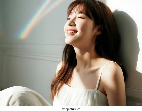 A Young Woman Smiling with a Rainbow in a Bright Room