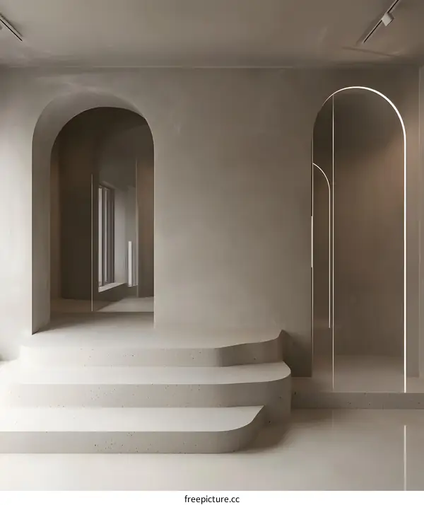 Minimalist Interior Design with Curved Steps and Arched Doorways