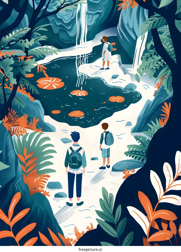 Three Friends Exploring a Tropical Waterfall