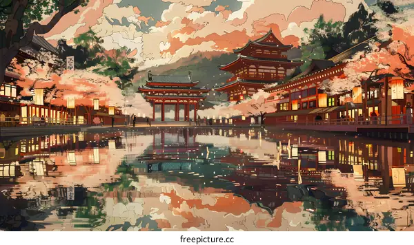 Japanese traditional architecture and cherry blossoms