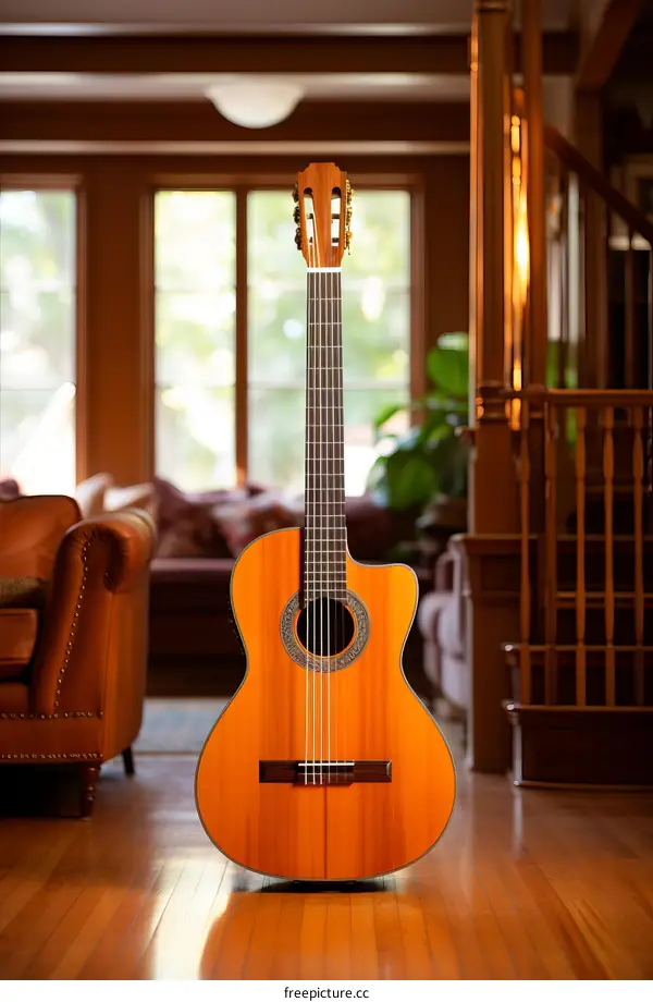 A classical guitar in a beautiful living room