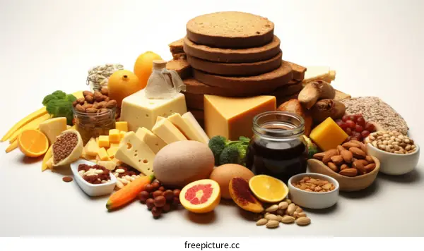 A variety of food items including fruits, vegetables, grains, dairy, and nuts