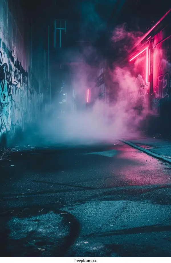 City street with colorful smoke at night