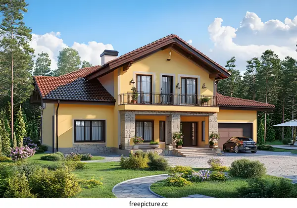 Yellow House with Red Roof and Balcony