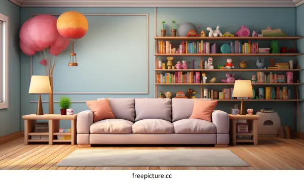 A cozy living room with a sofa, bookshelves, and toys